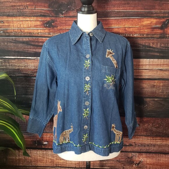 New Direction Denim Jean Top Size M Embroidered Velvet Giraffe Shirt 3/4 Sleeves - Picture 8 of 12